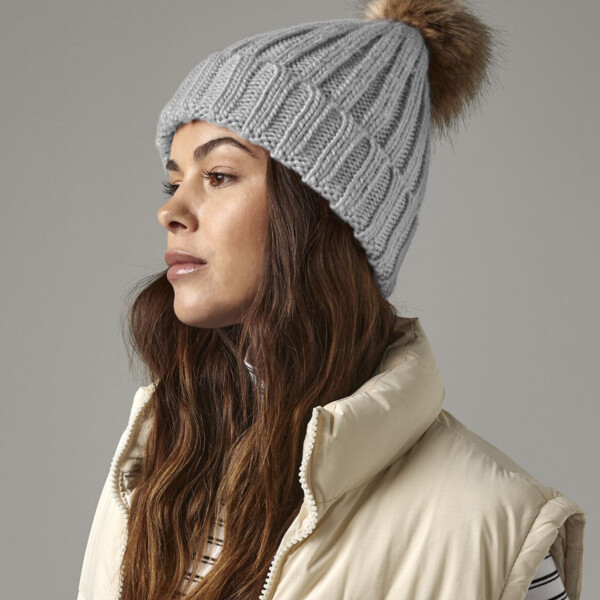 Beechfield Faux Fur Pop Pom Chunky Beanie Thumbnail
